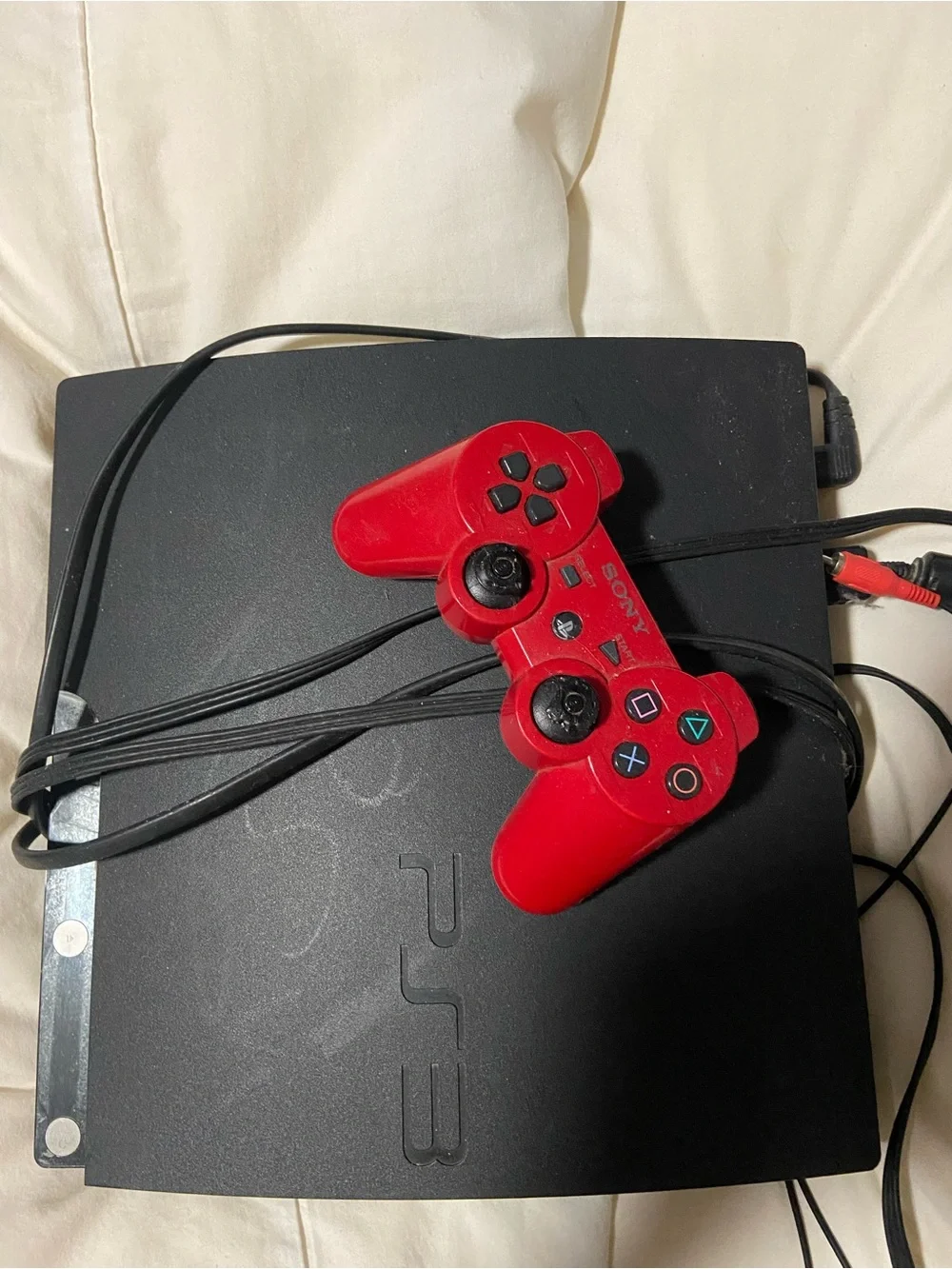 Sony PS3 Slim Black Console with Red Wired Controller